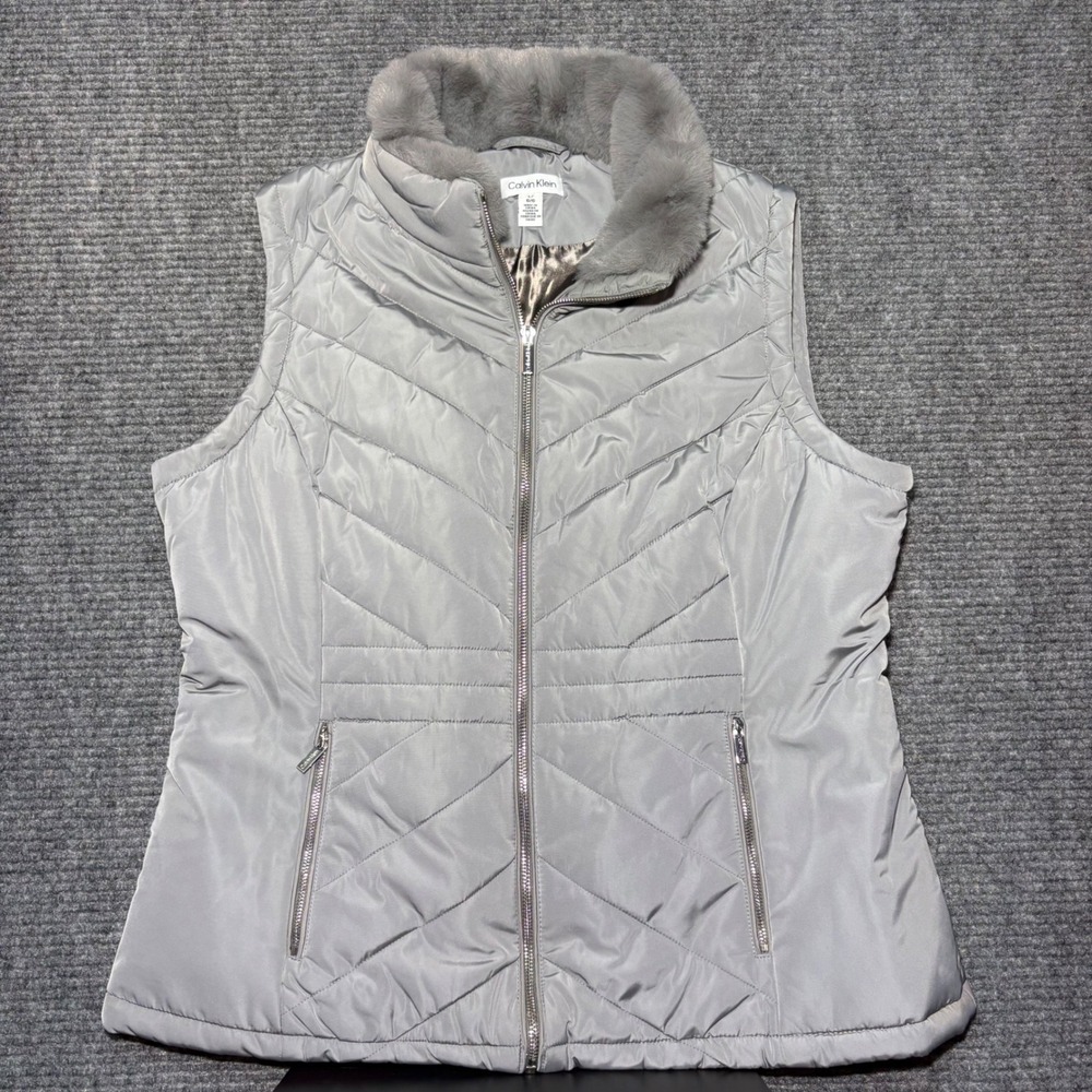Calvin Klein WomensGrey Faux Fur Trim Chevron Quilted Puffer Vest Large M2XT7492